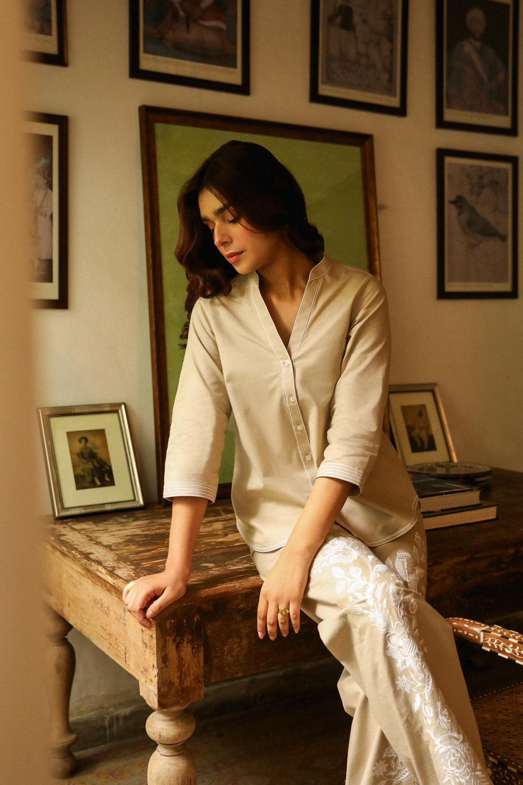 Beige Linen Embroidered Set – Subtle Floral Detailing with a Sophisticated Look