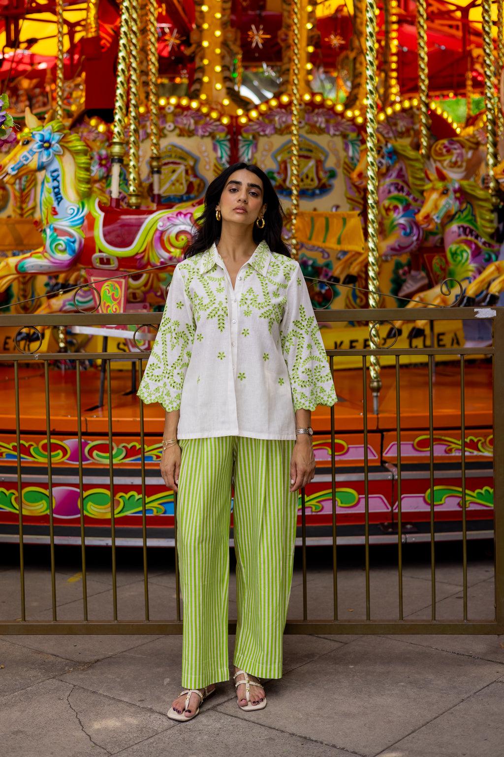 White Linen Cutwork Top with Green Striped Pants – Elegant Fusion Co-Ord Set
