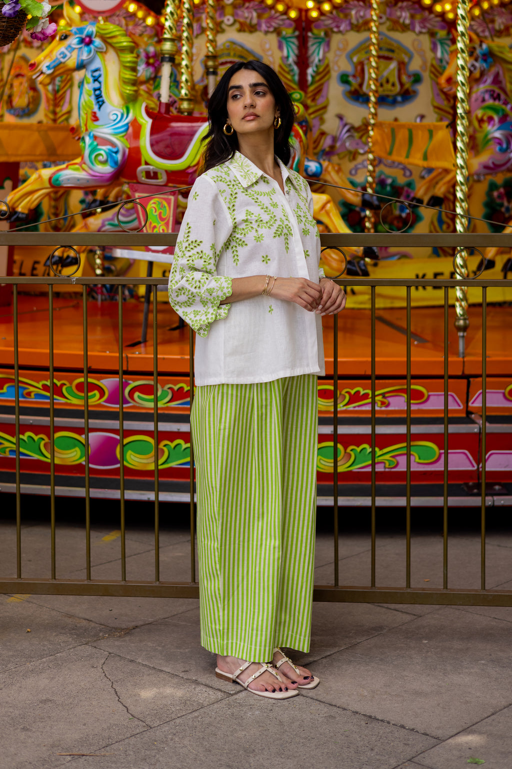 White Linen Cutwork Top with Green Striped Pants – Elegant Fusion Co-Ord Set
