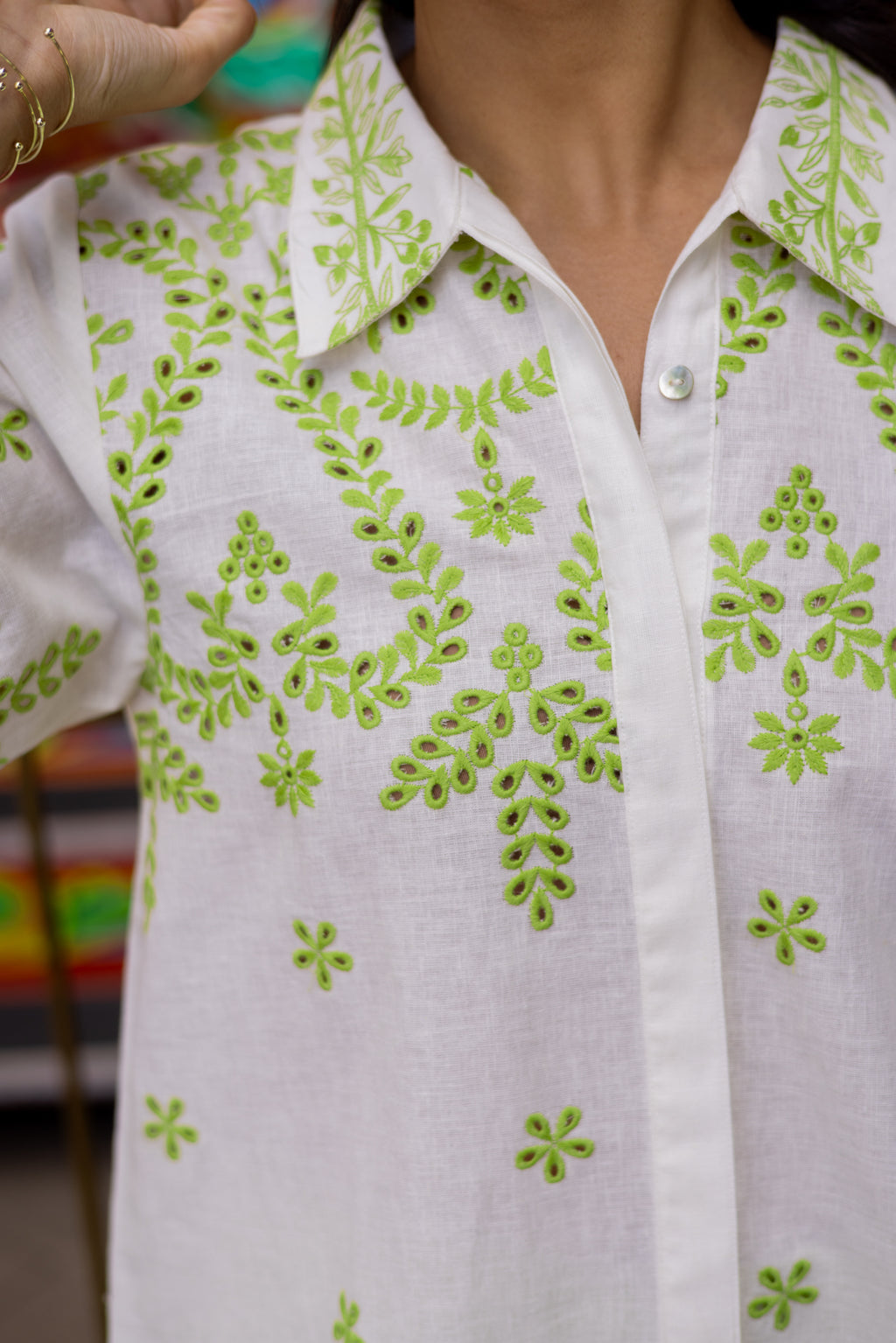 White Linen Cutwork Top with Green Striped Pants – Elegant Fusion Co-Ord Set