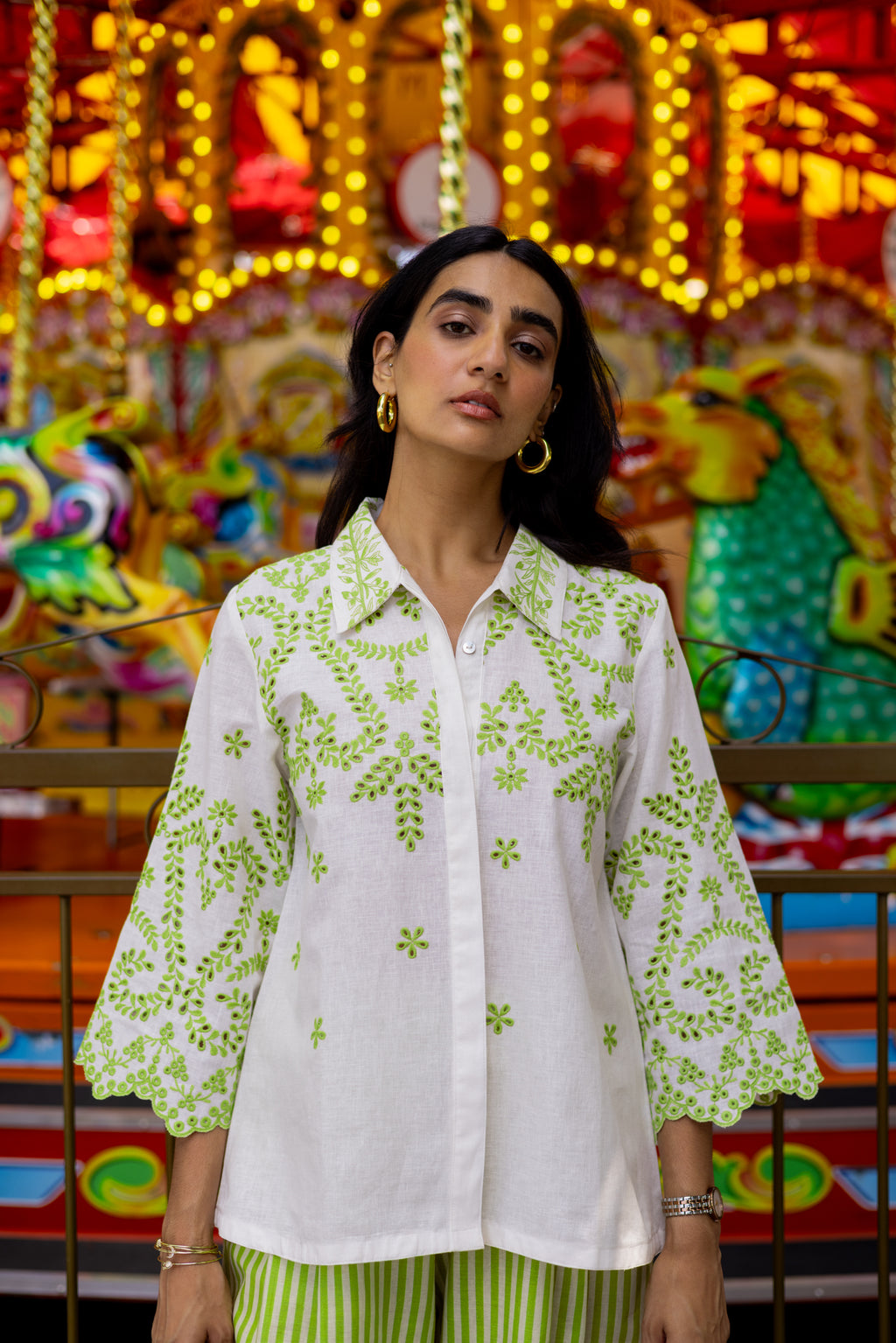 White Linen Cutwork Top with Green Striped Pants – Elegant Fusion Co-Ord Set