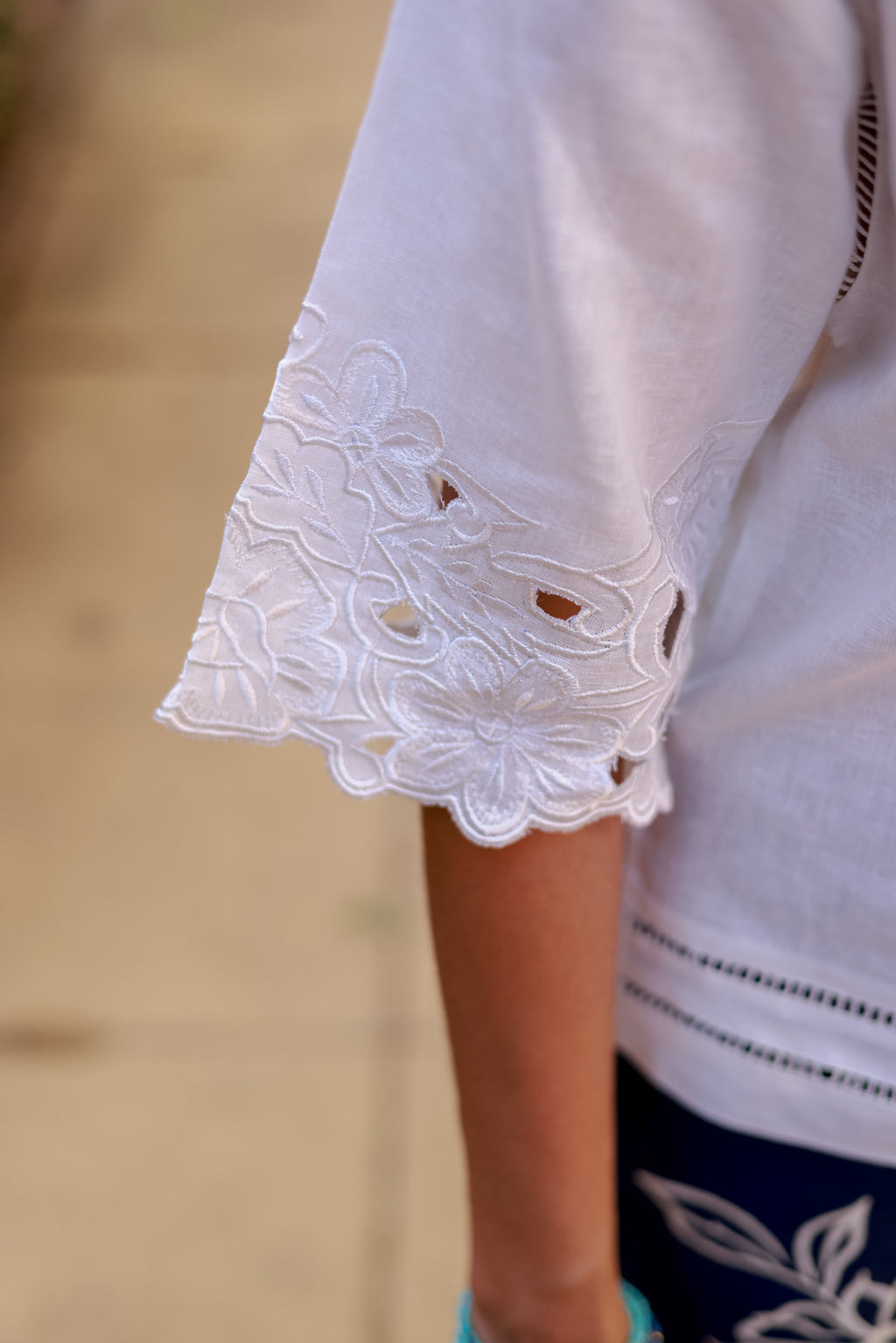 White Linen Cutwork Top with Denim Embroidered Pants – Chic Fusion Co-Ord Set