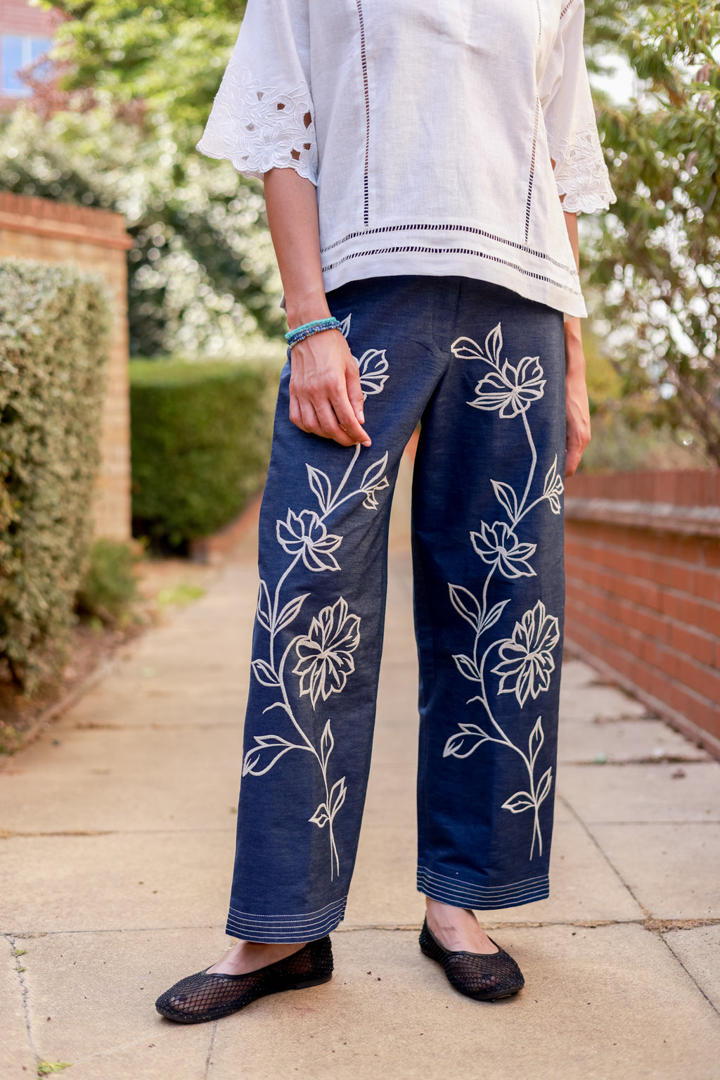 White Linen Cutwork Top with Denim Embroidered Pants – Chic Fusion Co-Ord Set