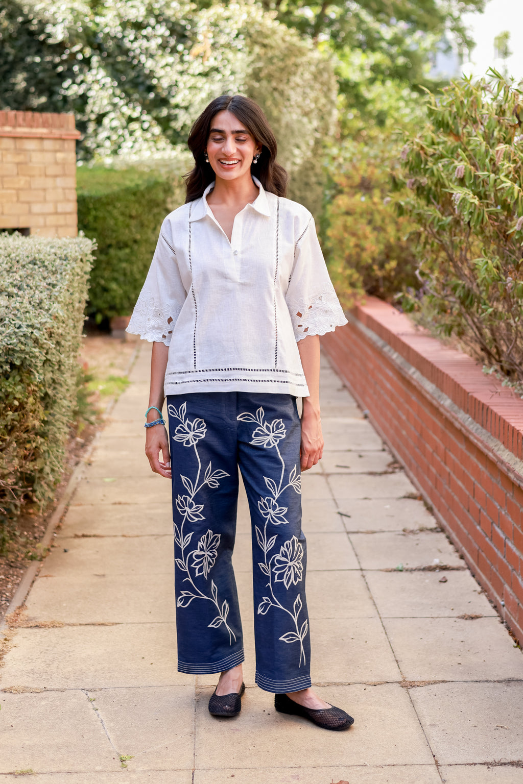 White Linen Cutwork Top with Denim Embroidered Pants – Chic Fusion Co-Ord Set