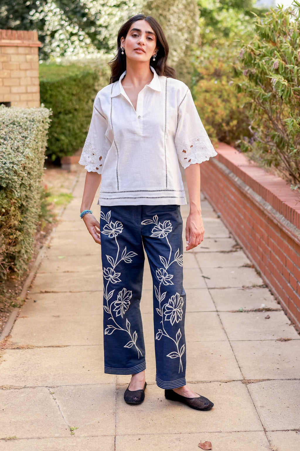 White Linen Cutwork Top with Denim Embroidered Pants – Chic Fusion Co-Ord Set