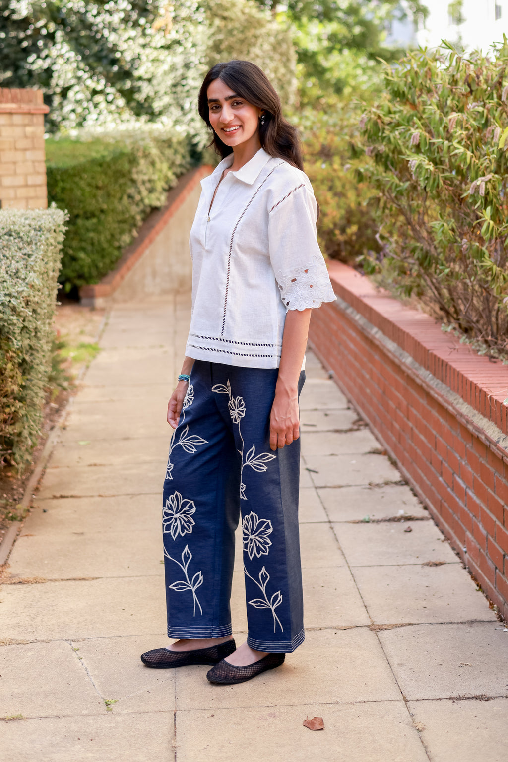 White Linen Cutwork Top with Denim Embroidered Pants – Chic Fusion Co-Ord Set