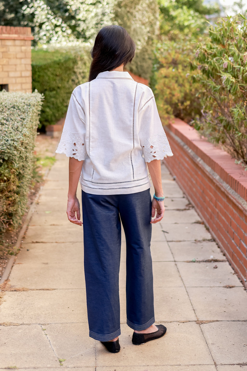 White Linen Cutwork Top with Denim Embroidered Pants – Chic Fusion Co-Ord Set