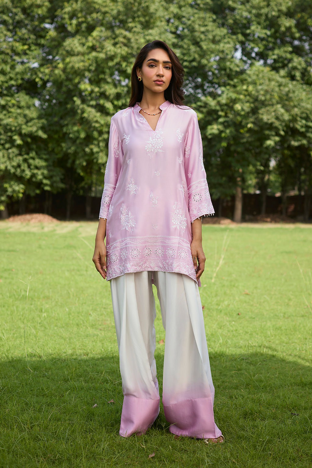 Pink Ombre Farshi Salwar Set – Elegant Gradient Hue with Intricate Embroidery