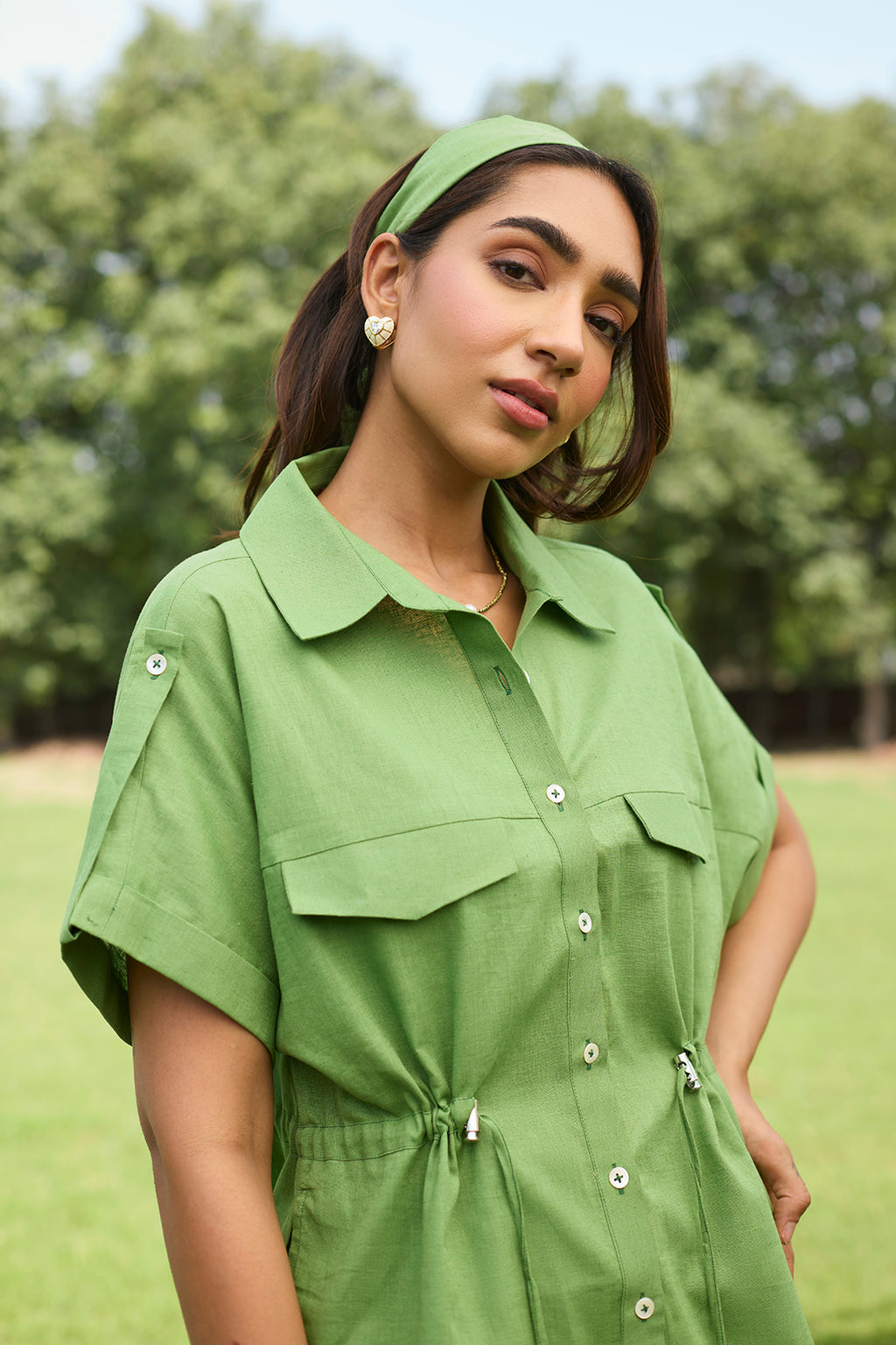 Green Linen Embroidered Set – Delicate Floral Detailing with a Graceful Finish
