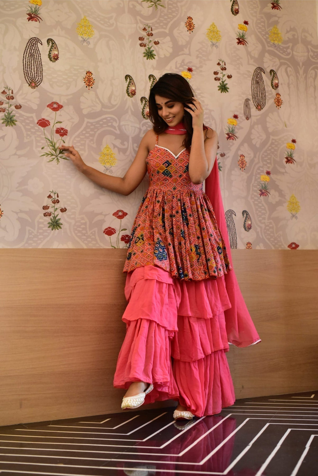 Block Print Anarkali 3 Pieces Combo Kurta, Palazzo & Dupatta - Set 15