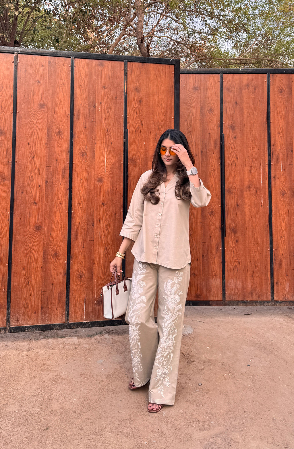 Beige Linen Embroidered Set – Subtle Floral Detailing with a Sophisticated Look