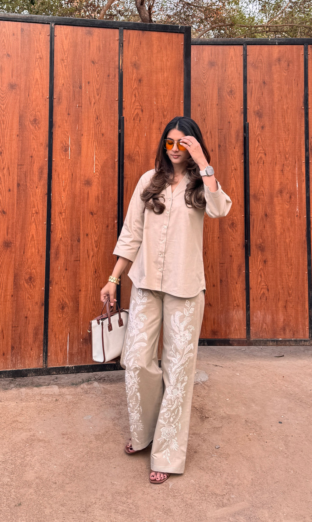 Beige Linen Embroidered Set – Subtle Floral Detailing with a Sophisticated Look