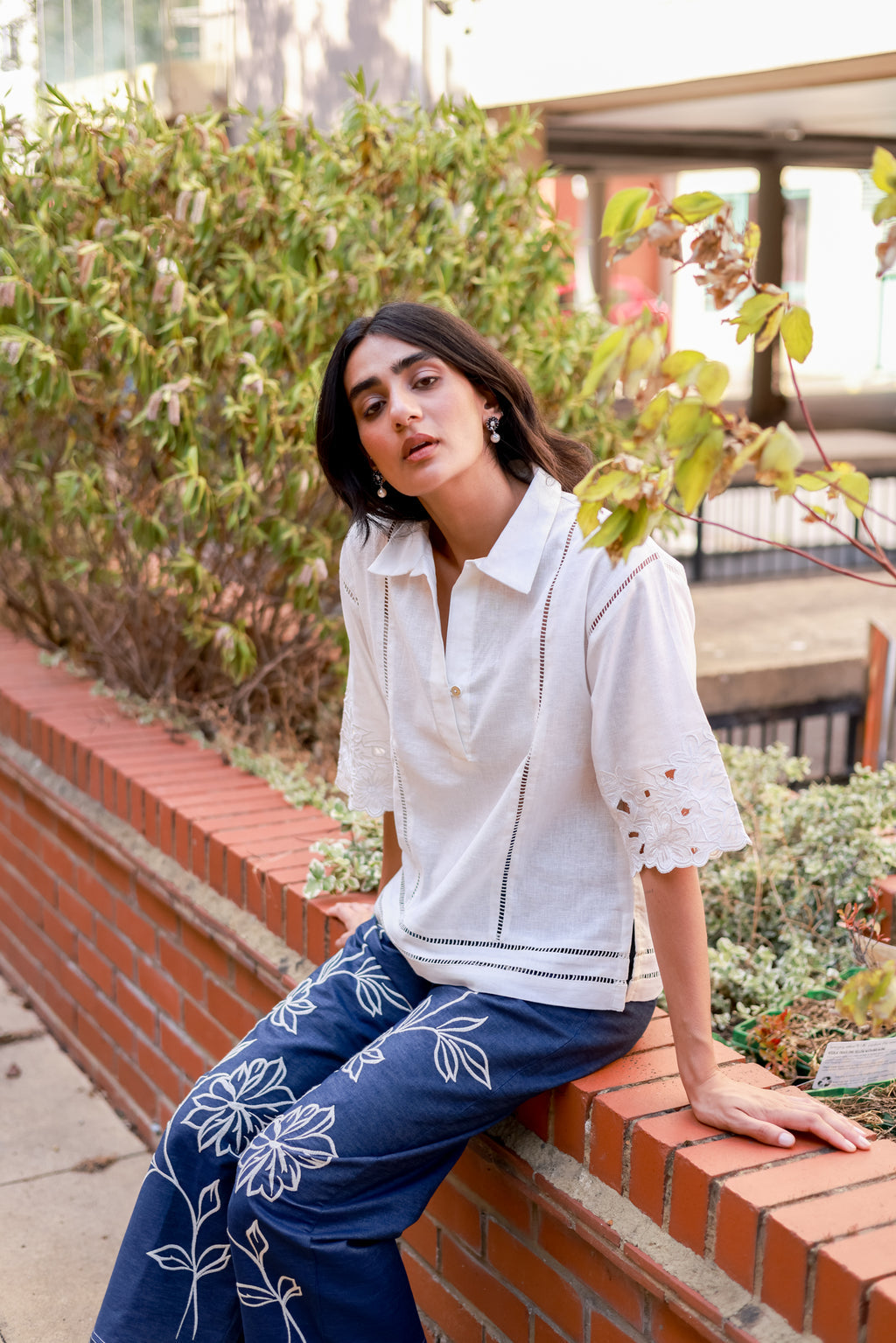 White Linen Cutwork Top with Denim Embroidered Pants – Chic Fusion Co-Ord Set