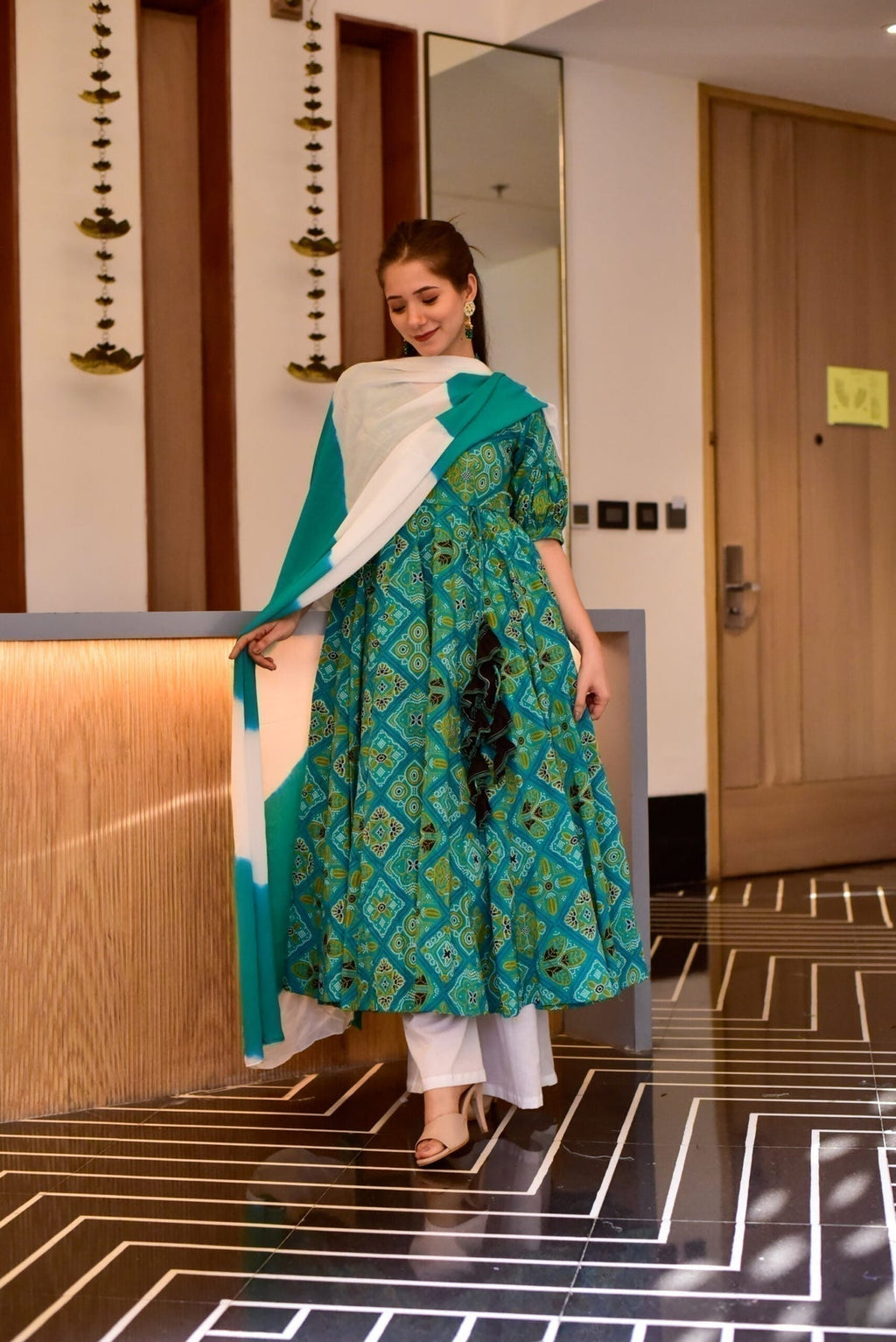 Block Print Anarkali 3 Pieces Combo Kurta, Palazzo & Dupatta - Set 6