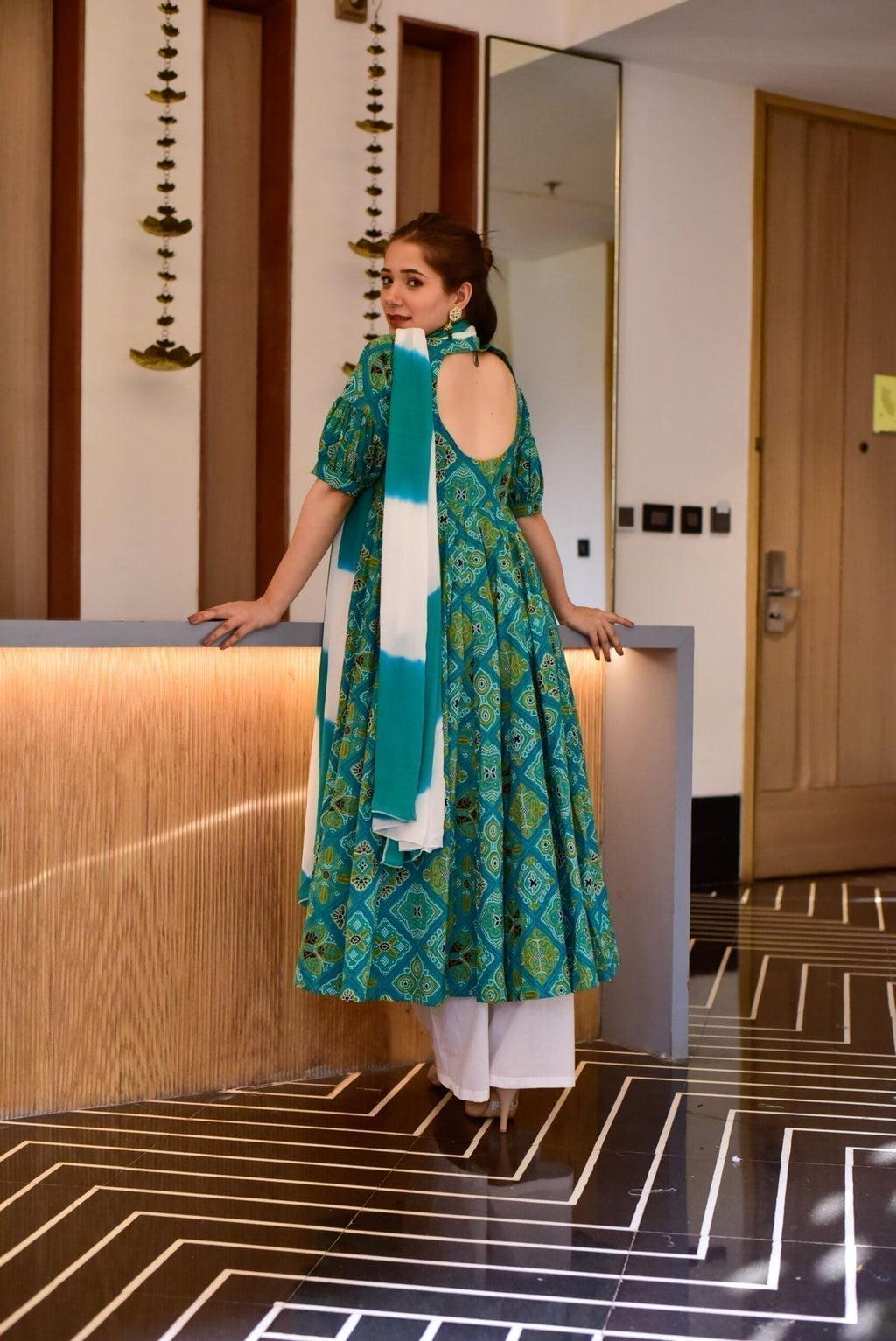 Block Print Anarkali 3 Pieces Combo Kurta, Palazzo & Dupatta - Set 6