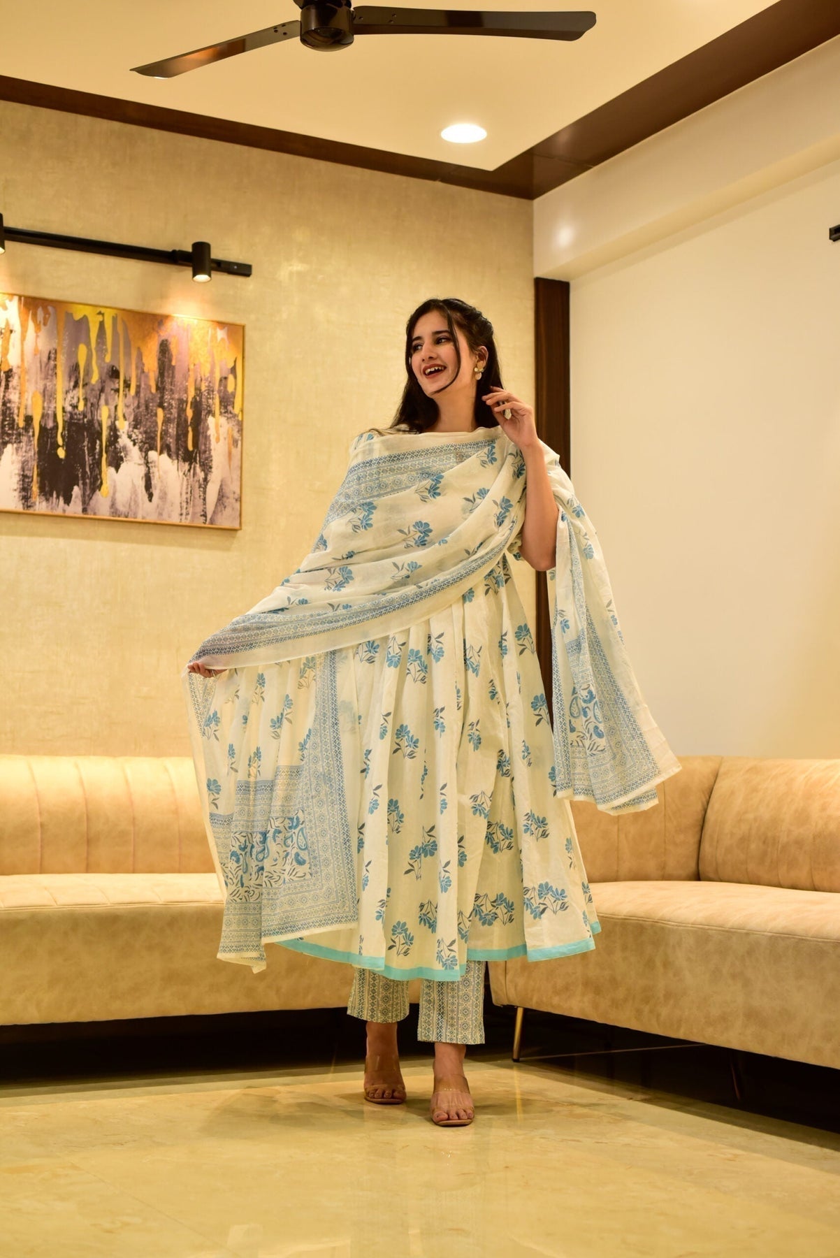 Block Print Anarkali 3 Pieces Combo Kurta, Palazzo & Dupatta - Set 4