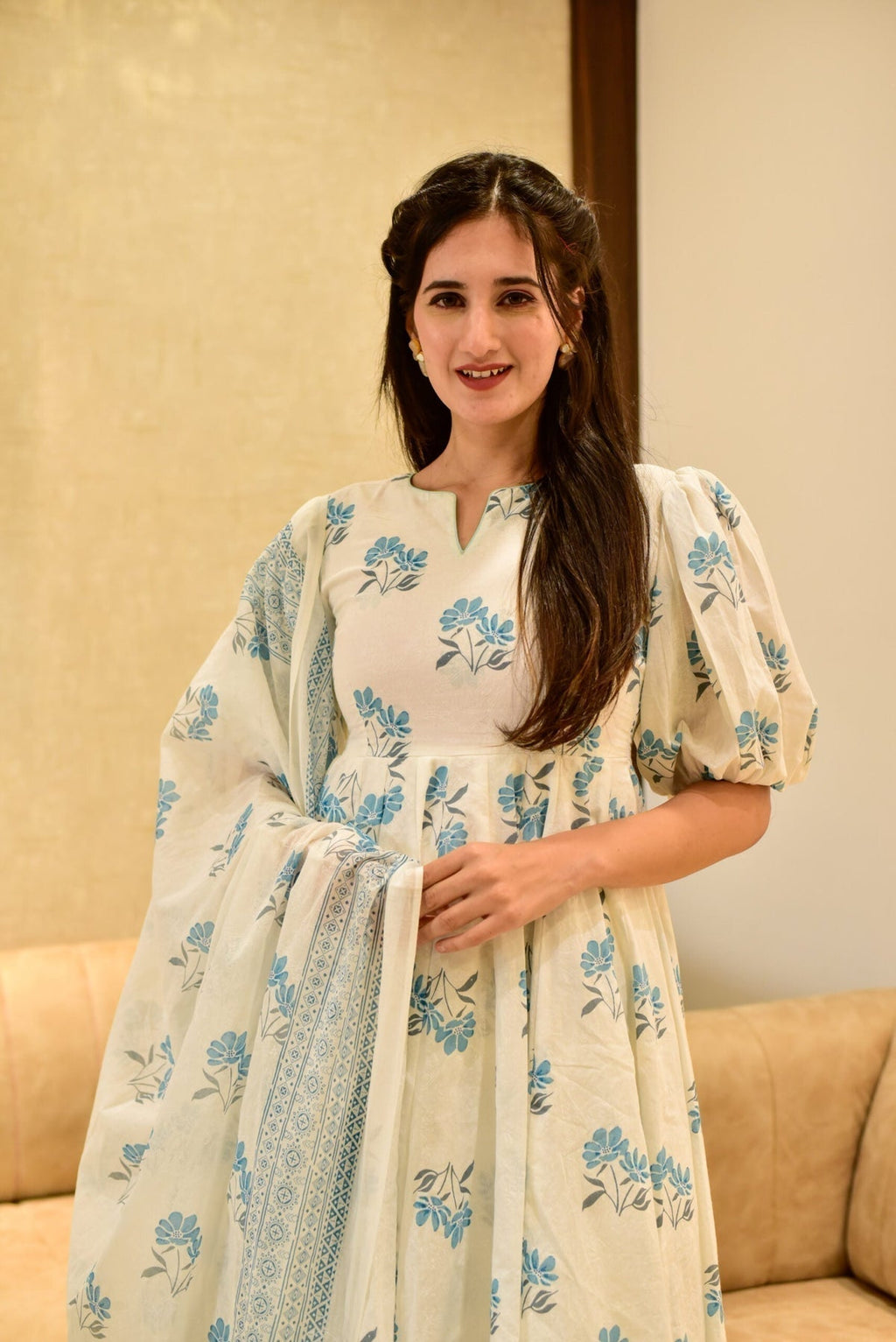 Block Print Anarkali 3 Pieces Combo Kurta, Palazzo & Dupatta - Set 4