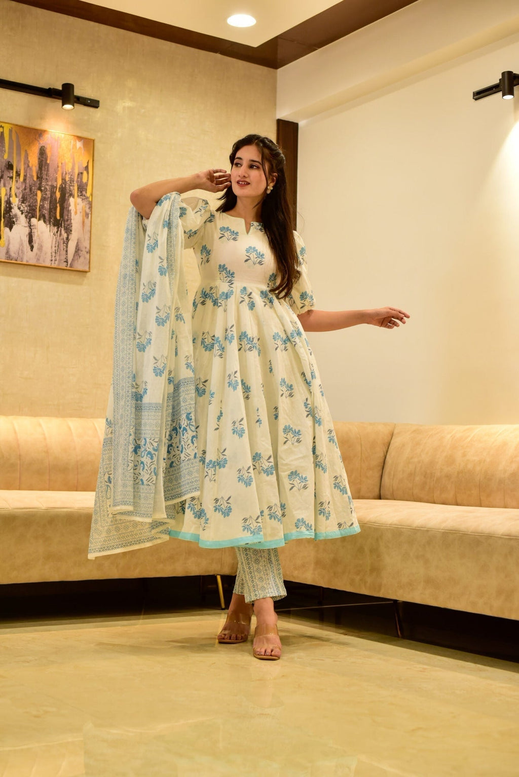 Block Print Anarkali 3 Pieces Combo Kurta, Palazzo & Dupatta - Set 4