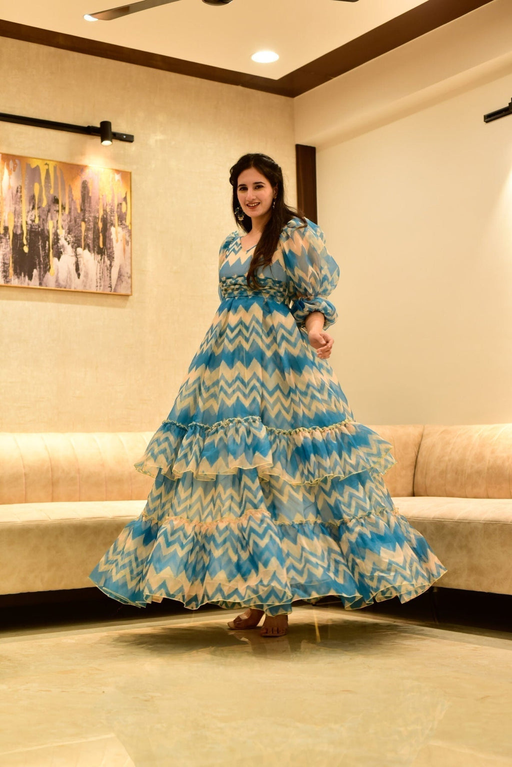 Block Print Anarkali 3 Pieces Combo Kurta, Palazzo & Dupatta - Set 19