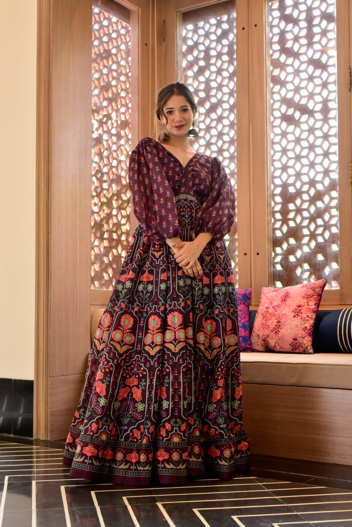 Block Print Anarkali 3 Pieces Combo Kurta, Palazzo & Dupatta - Set 16