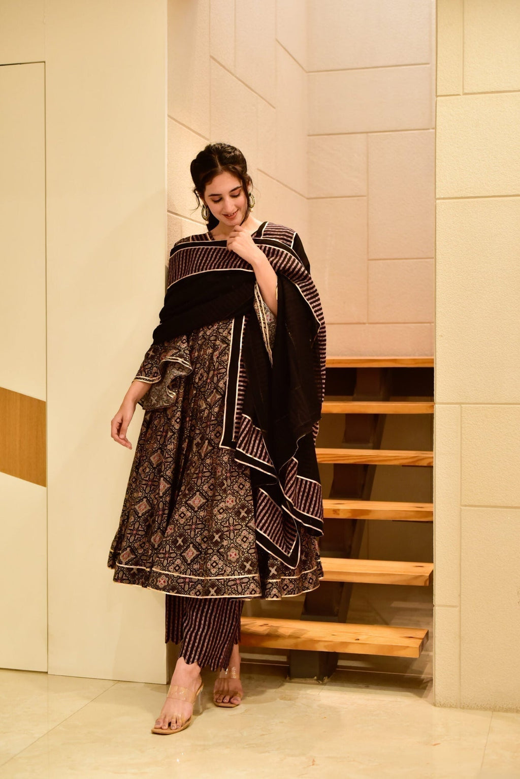 Block Print Anarkali 3 Pieces Combo Kurta, Palazzo & Dupatta - Set 9