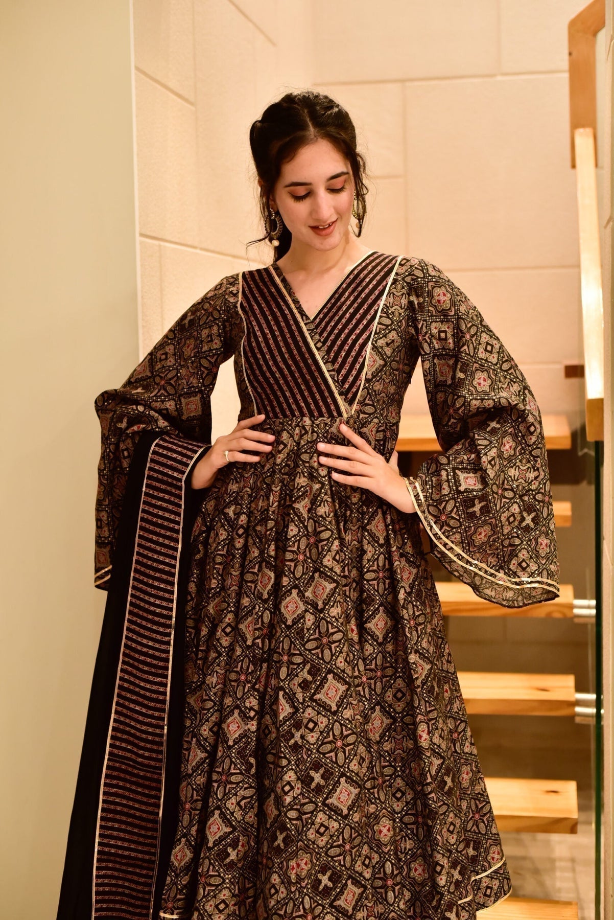 Block Print Anarkali 3 Pieces Combo Kurta, Palazzo & Dupatta - Set 9