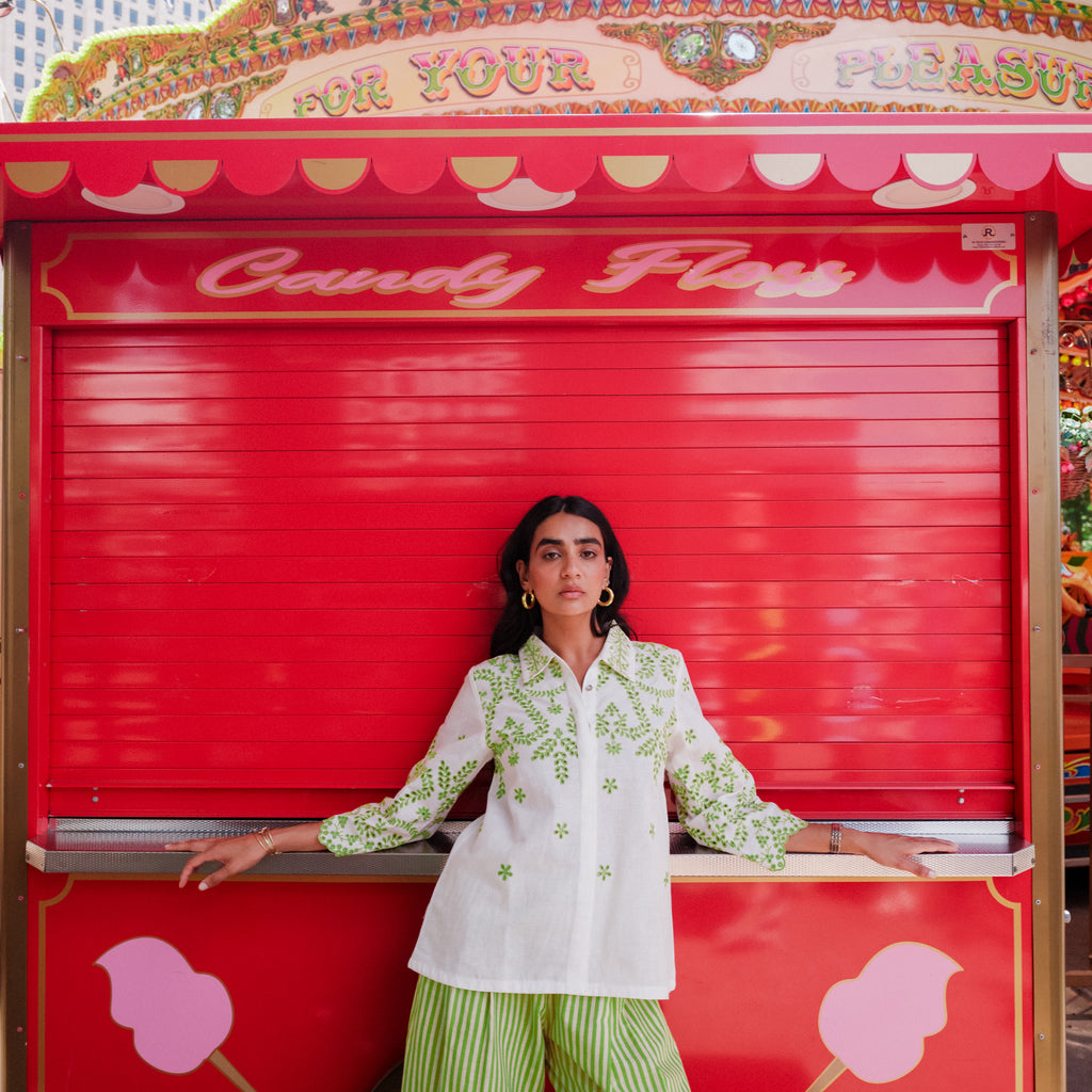White Linen Cutwork Top with Green Striped Pants – Elegant Fusion Co-Ord Set