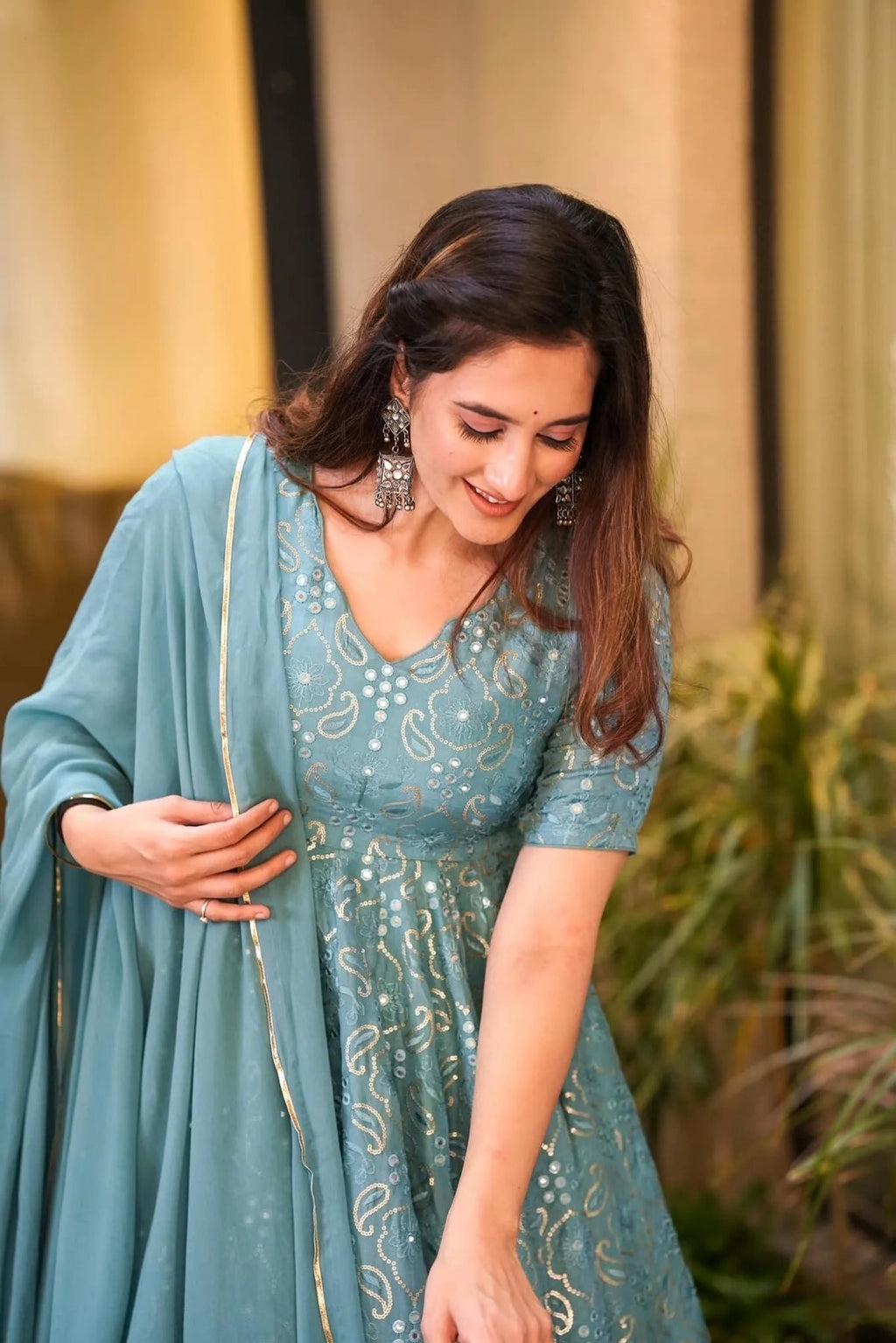 Block Print Anarkali 3 Pieces Combo Kurta, Palazzo & Dupatta - Set 1