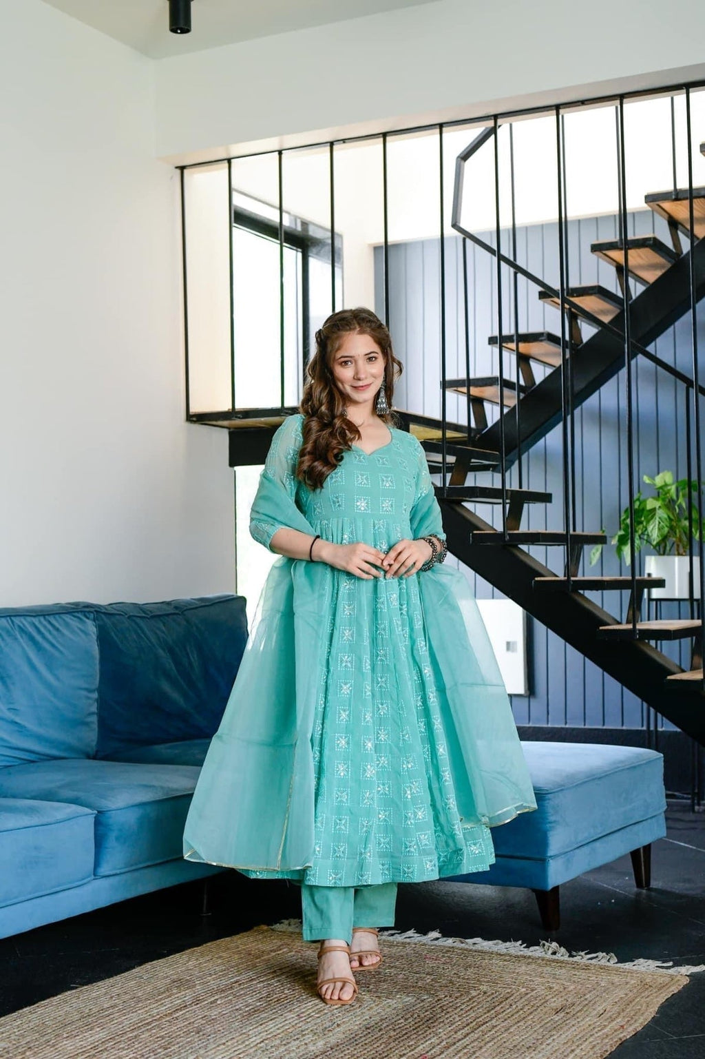 Block Print Anarkali 3 Pieces Combo Kurta, Palazzo & Dupatta - Set 3