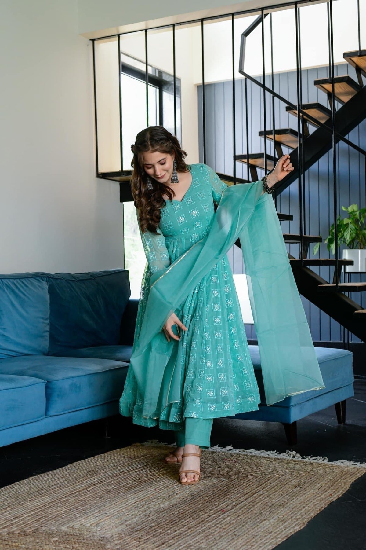 Block Print Anarkali 3 Pieces Combo Kurta, Palazzo & Dupatta - Set 3