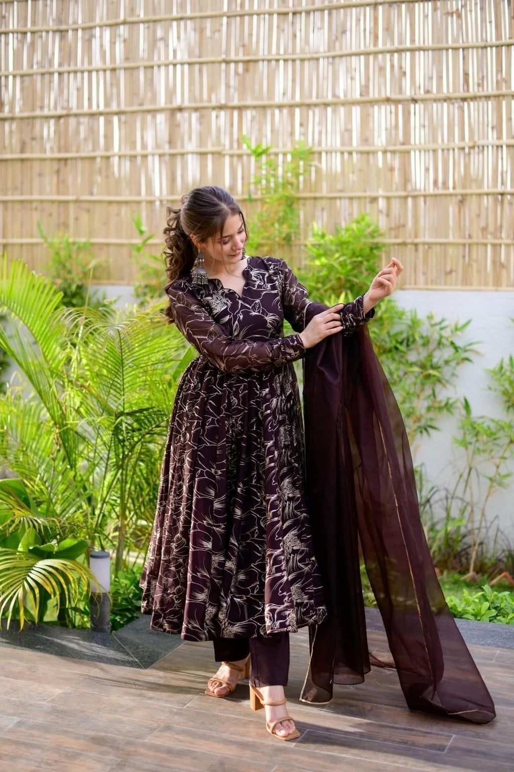 Block Print Anarkali 3 Pieces Combo Kurta, Palazzo & Dupatta - Set 18