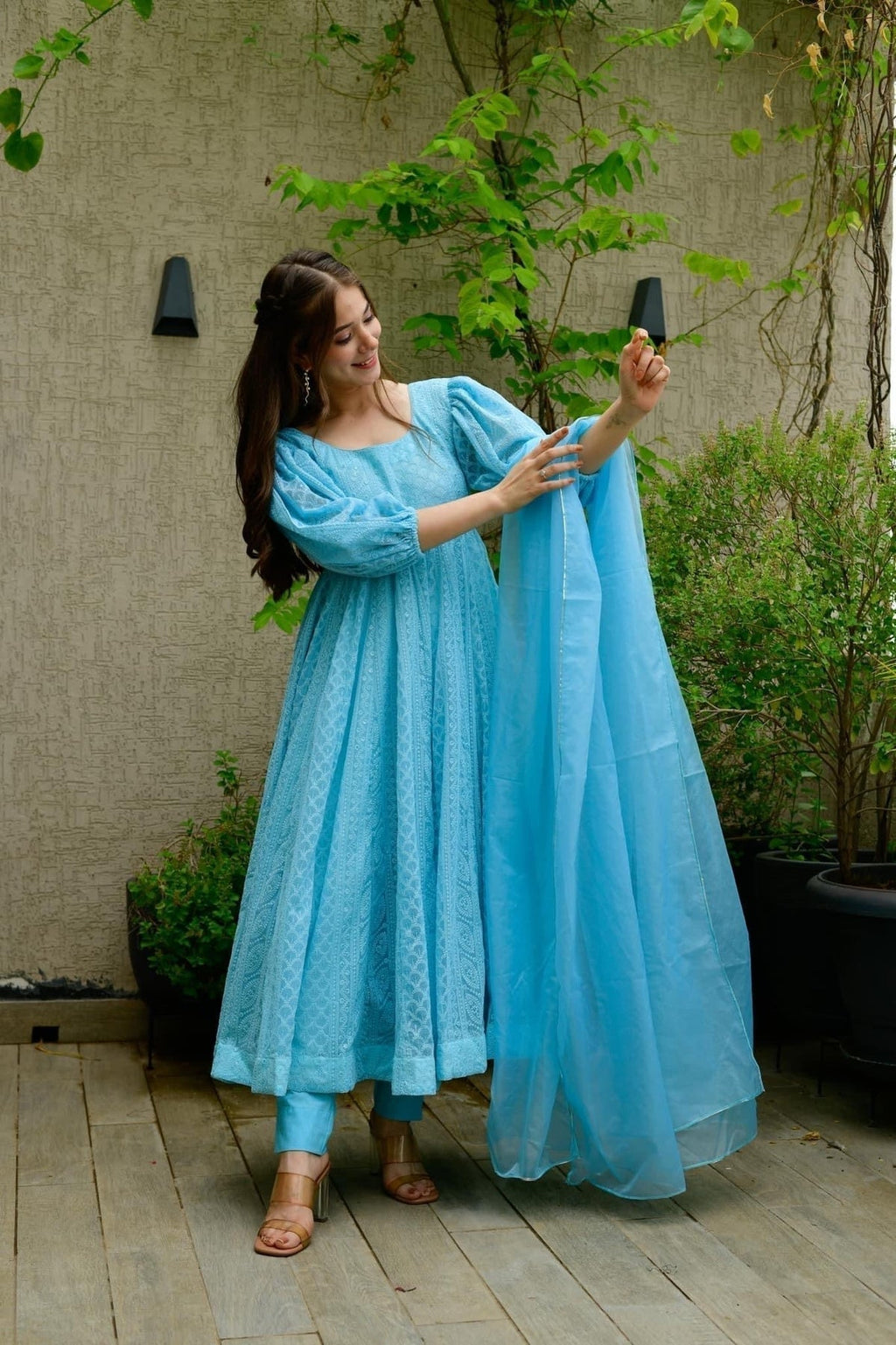 Block Print Anarkali 3 Pieces Combo Kurta, Palazzo & Dupatta - Set 21