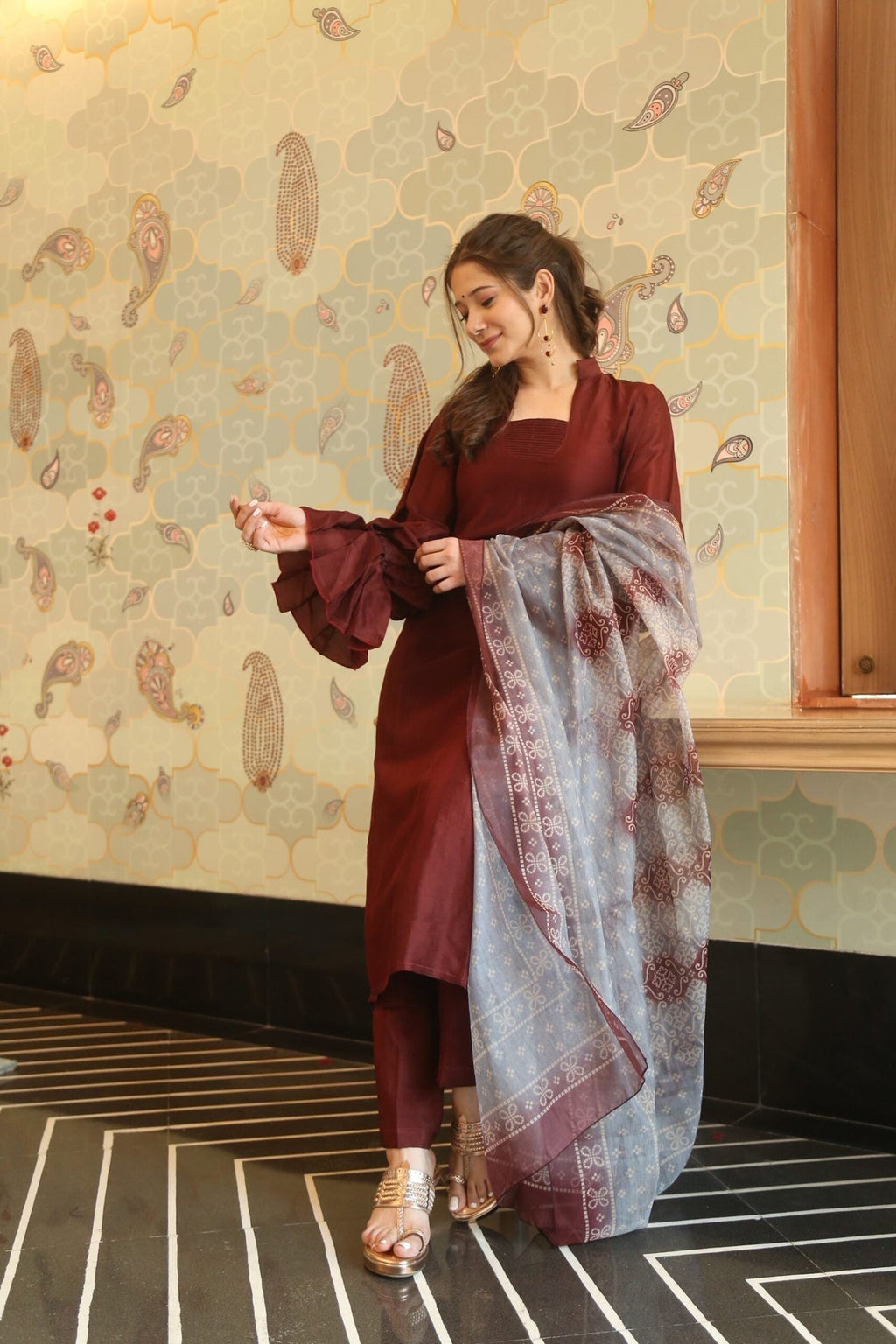 Block Print Anarkali 3 Pieces Combo Kurta, Palazzo & Dupatta - Set 14