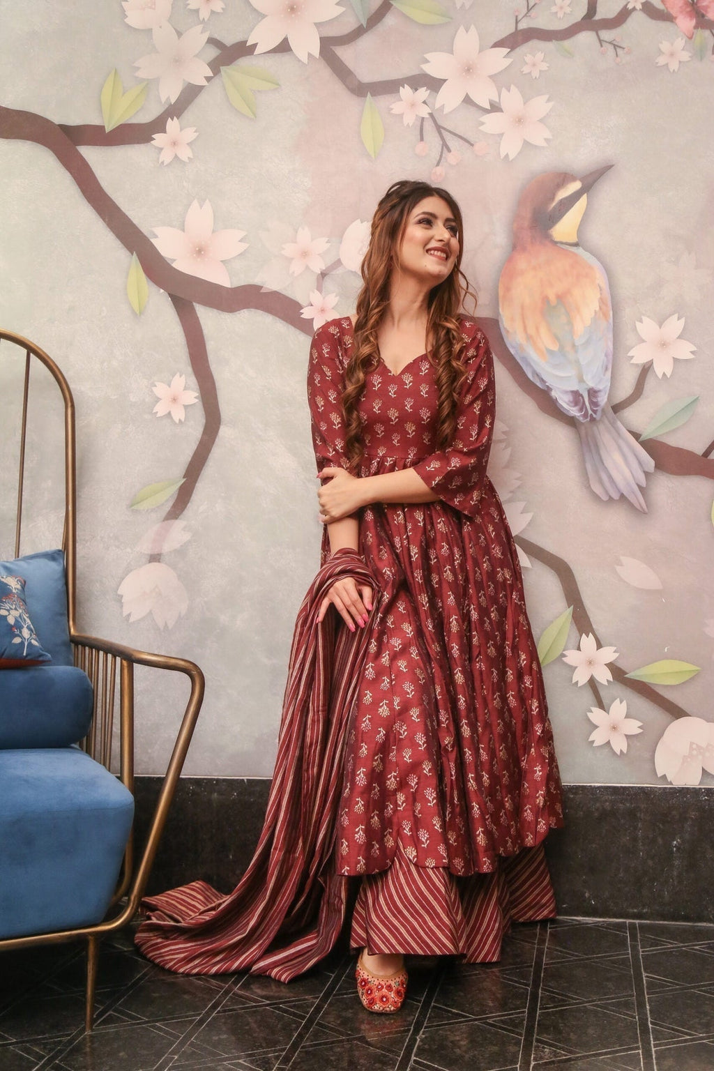 Block Print Anarkali 3 Pieces Combo Kurta, Palazzo & Dupatta - Set 10