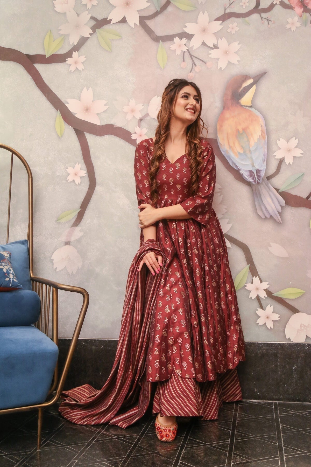 Block Print Anarkali 3 Pieces Combo Kurta, Palazzo & Dupatta - Set 10