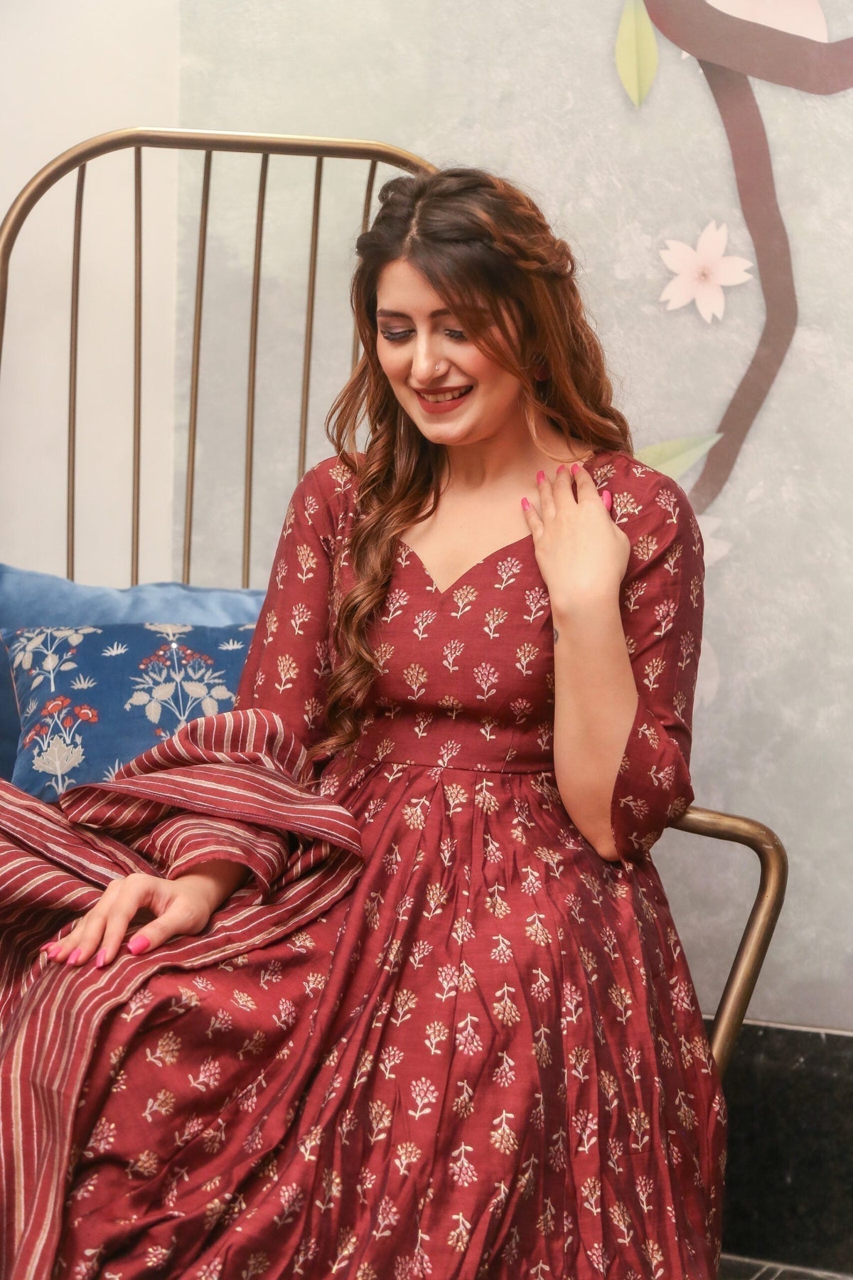 Block Print Anarkali 3 Pieces Combo Kurta, Palazzo & Dupatta - Set 10