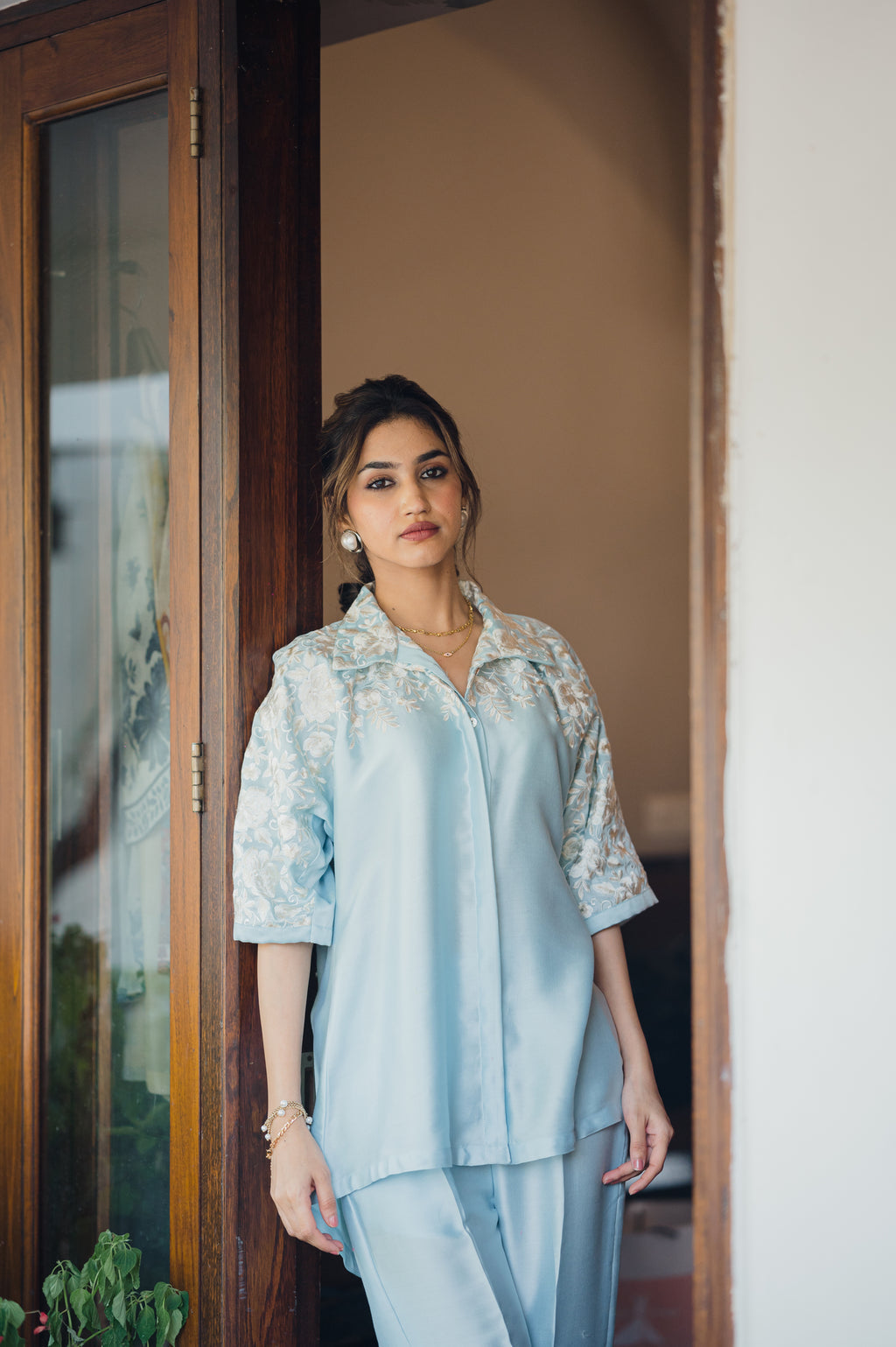 Light Blue Co-Ord Set – Delicate Floral Embroidery with a Graceful Silhouette