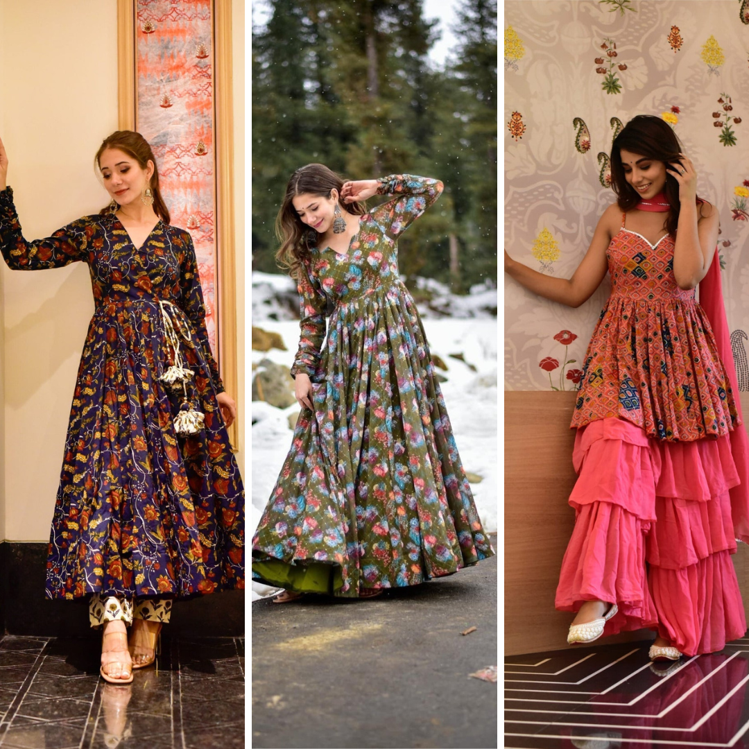 Block Print Anarkali 3 Pieces Combo Kurta, Palazzo & Dupatta - Set 15