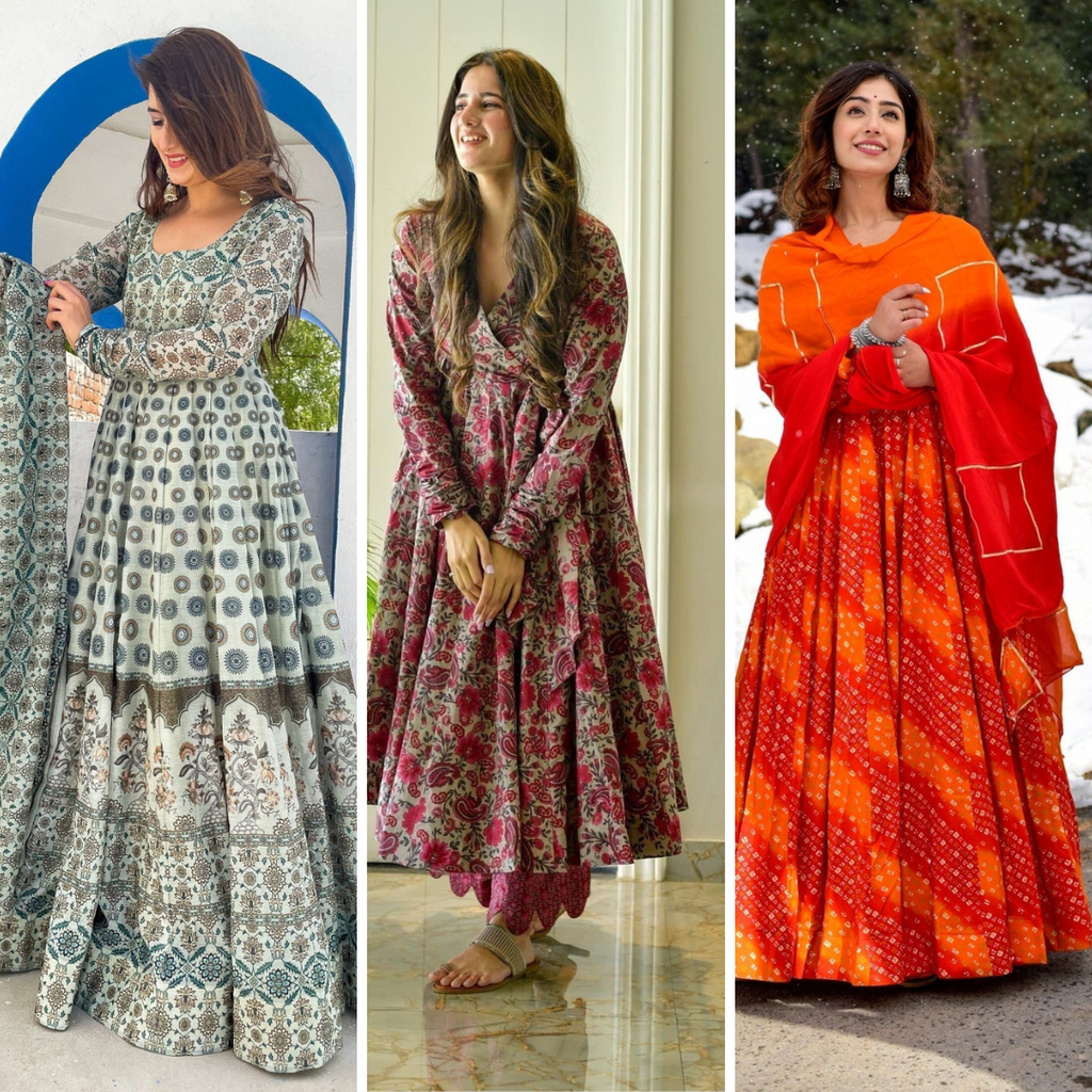 Block Print Anarkali 3 Pieces Combo Kurta, Palazzo & Dupatta - Set 11