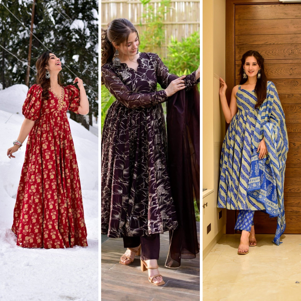 Block Print Anarkali 3 Pieces Combo Kurta, Palazzo & Dupatta - Set 18