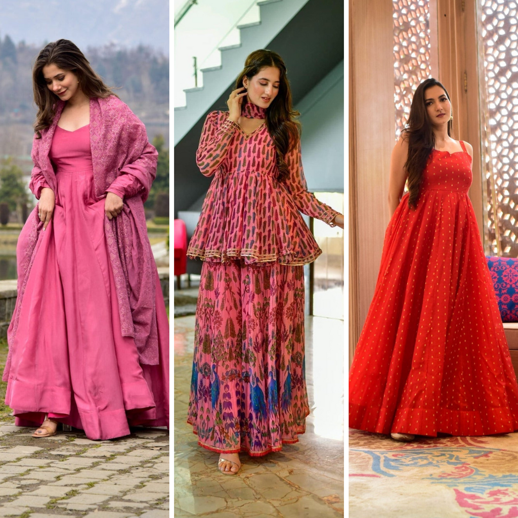 Block Print Anarkali 3 Pieces Combo Kurta, Palazzo & Dupatta - Set 17