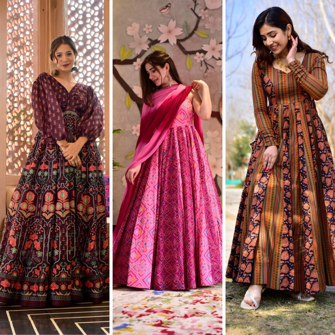 Block Print Anarkali 3 Pieces Combo Kurta, Palazzo & Dupatta - Set 16