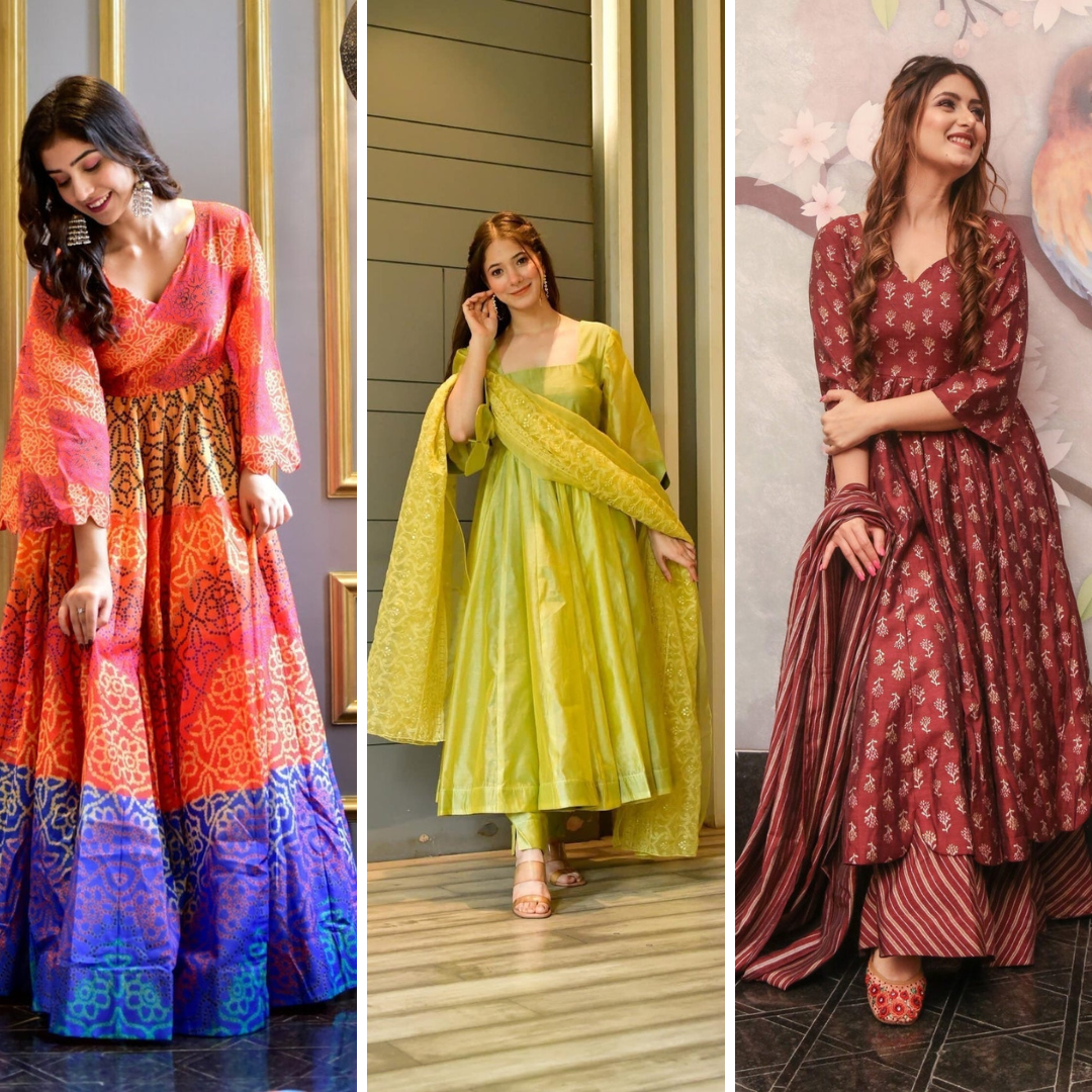 Block Print Anarkali 3 Pieces Combo Kurta, Palazzo & Dupatta - Set 10