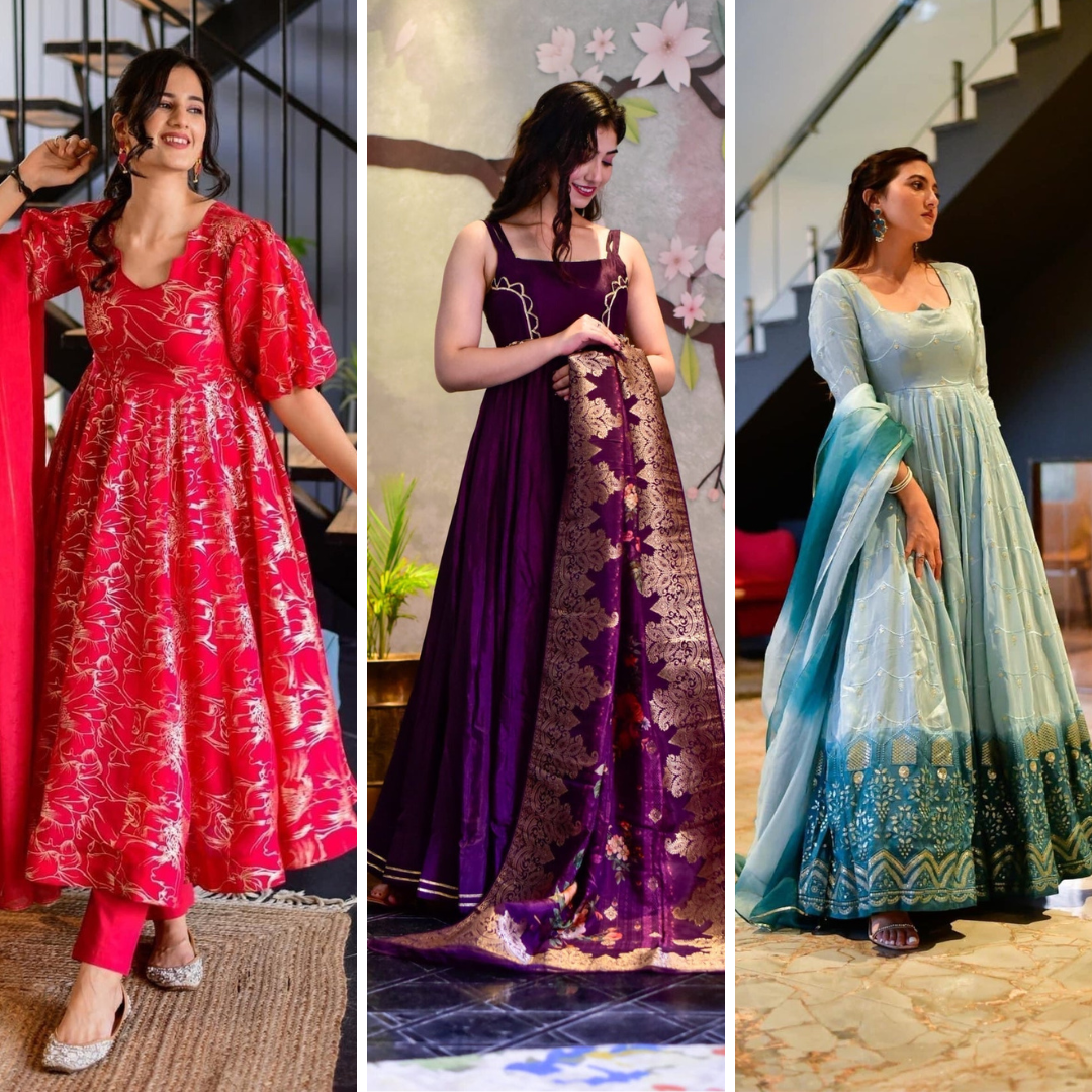 Block Print Anarkali 3 Pieces Combo Kurta, Palazzo & Dupatta - Set 5