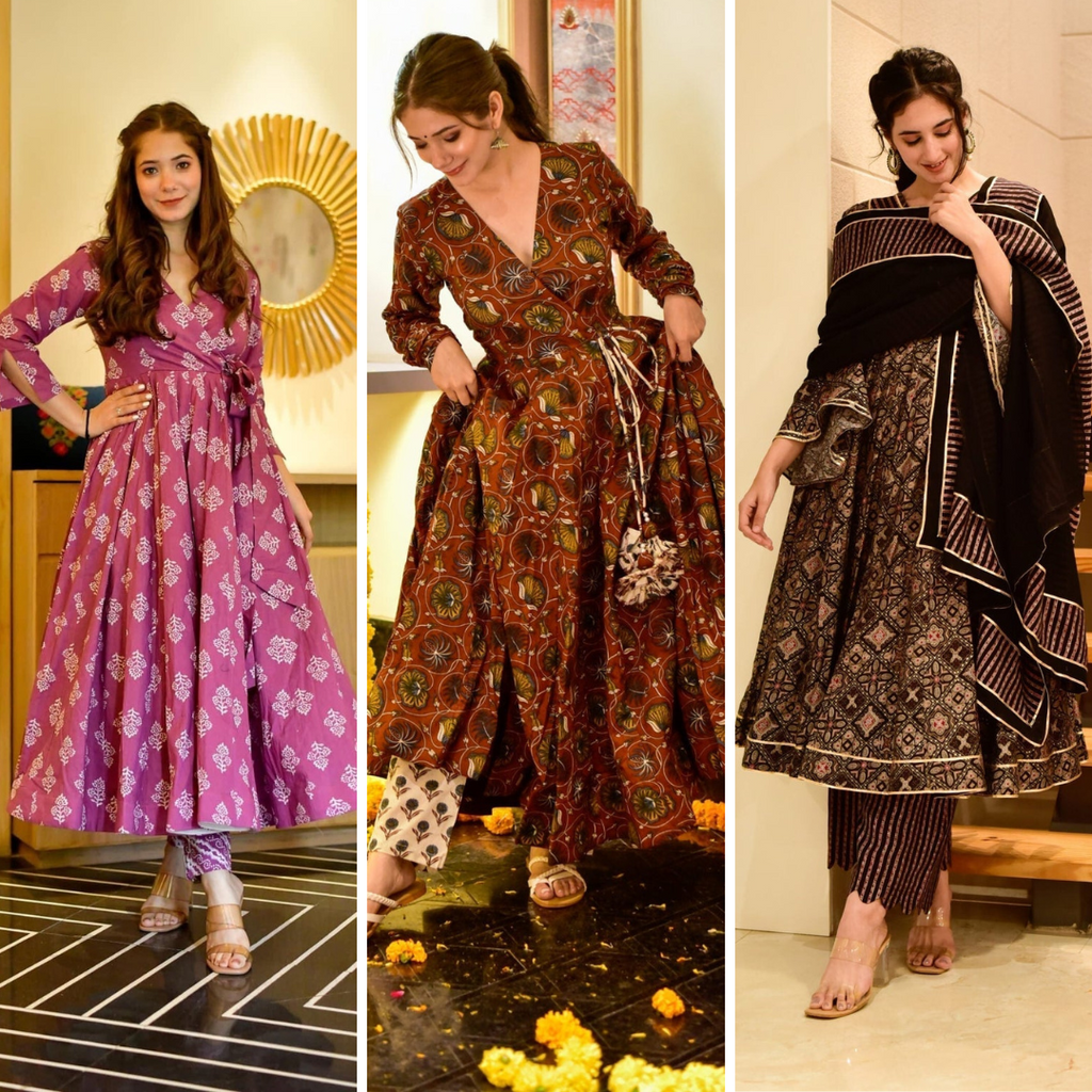 Block Print Anarkali 3 Pieces Combo Kurta, Palazzo & Dupatta - Set 9