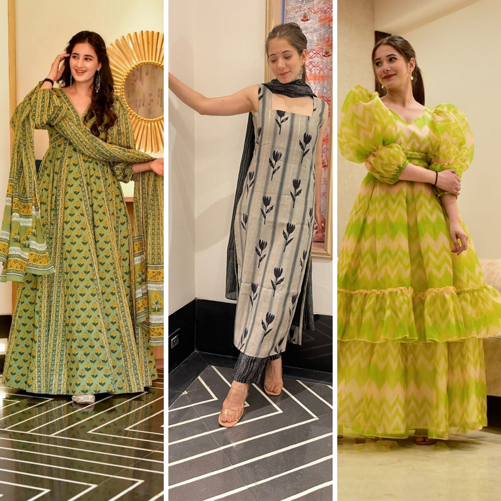 Block Print Anarkali 3 Pieces Combo Kurta, Palazzo & Dupatta - Set 24