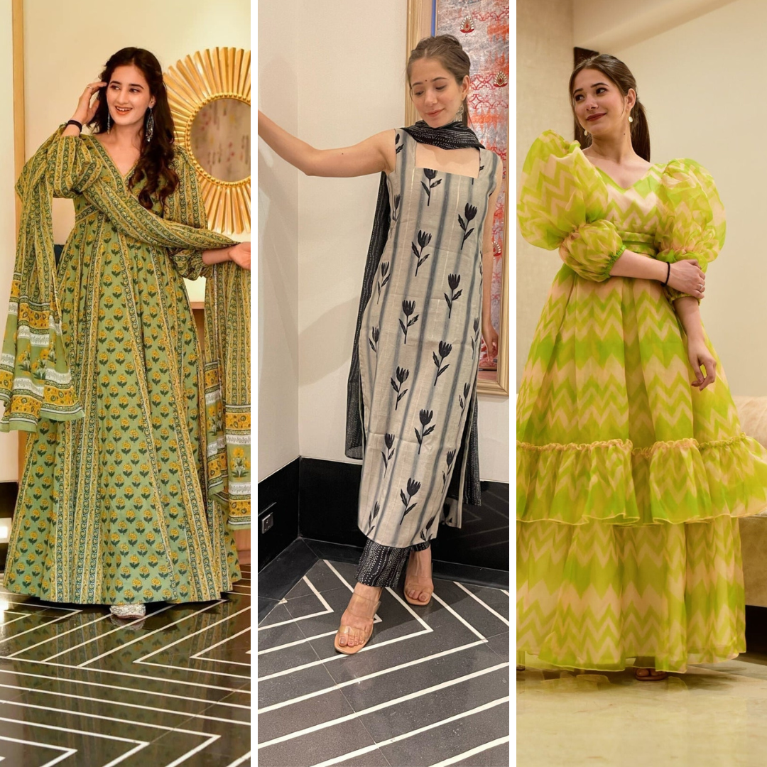 Block Print Anarkali 3 Pieces Combo Kurta, Palazzo & Dupatta - Set 24