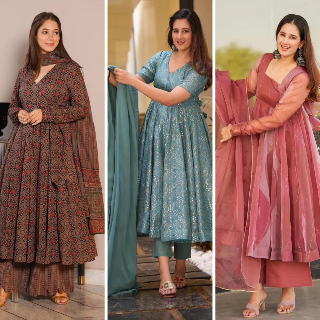 Block Print Anarkali 3 Pieces Combo Kurta, Palazzo & Dupatta - Set 1