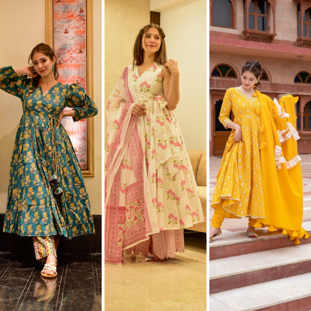 Block Print Anarkali 3 Pieces Combo Kurta, Palazzo & Dupatta - Set 12