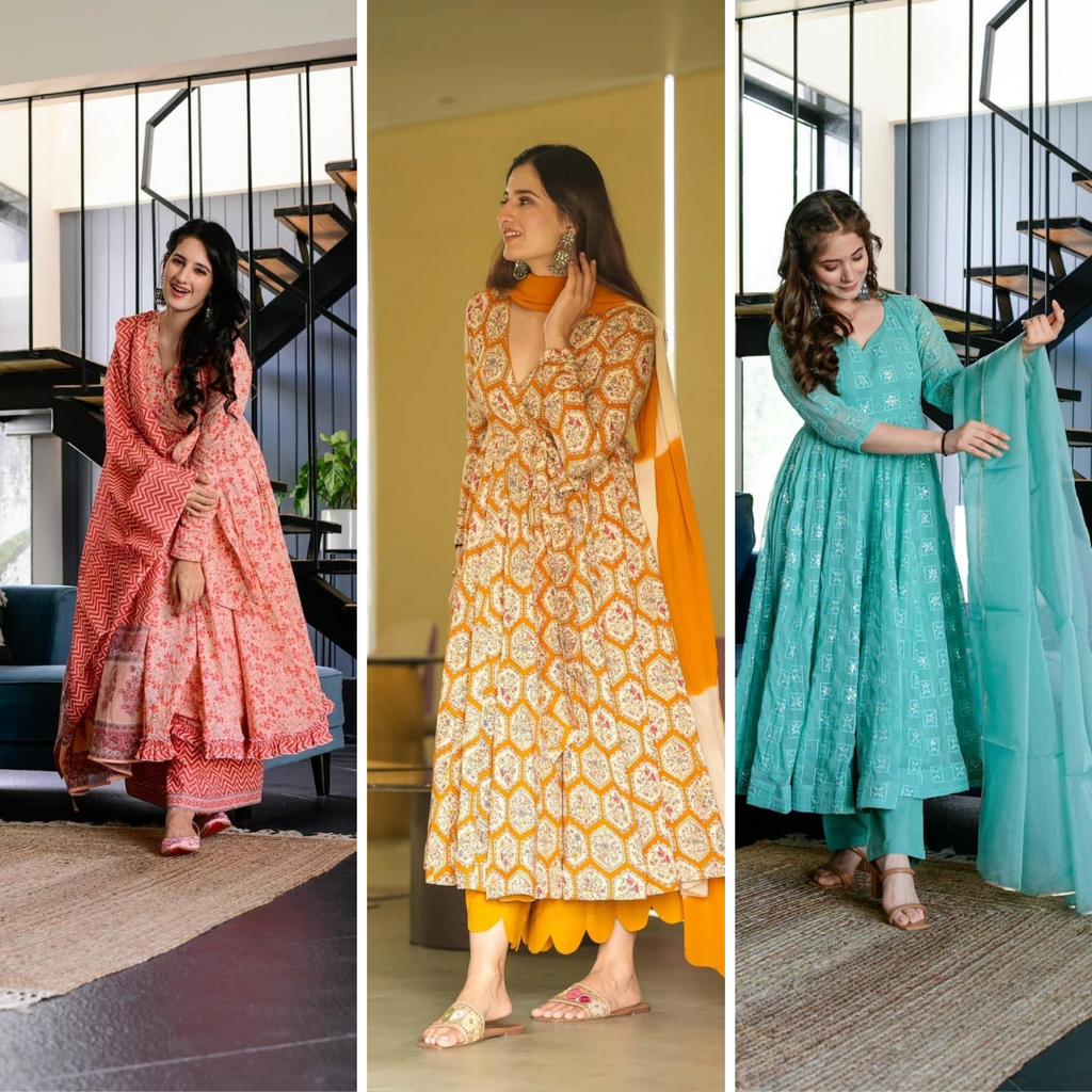 Block Print Anarkali 3 Pieces Combo Kurta, Palazzo & Dupatta - Set 3